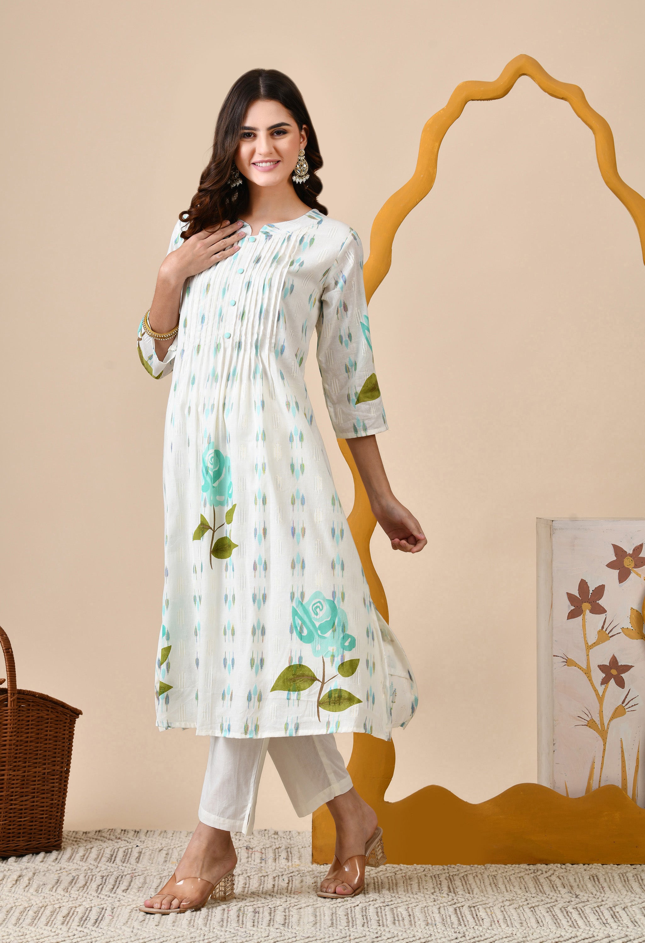 White A-line Hand-Painted Mul Cotton Kurta with Pants- Set of 2.