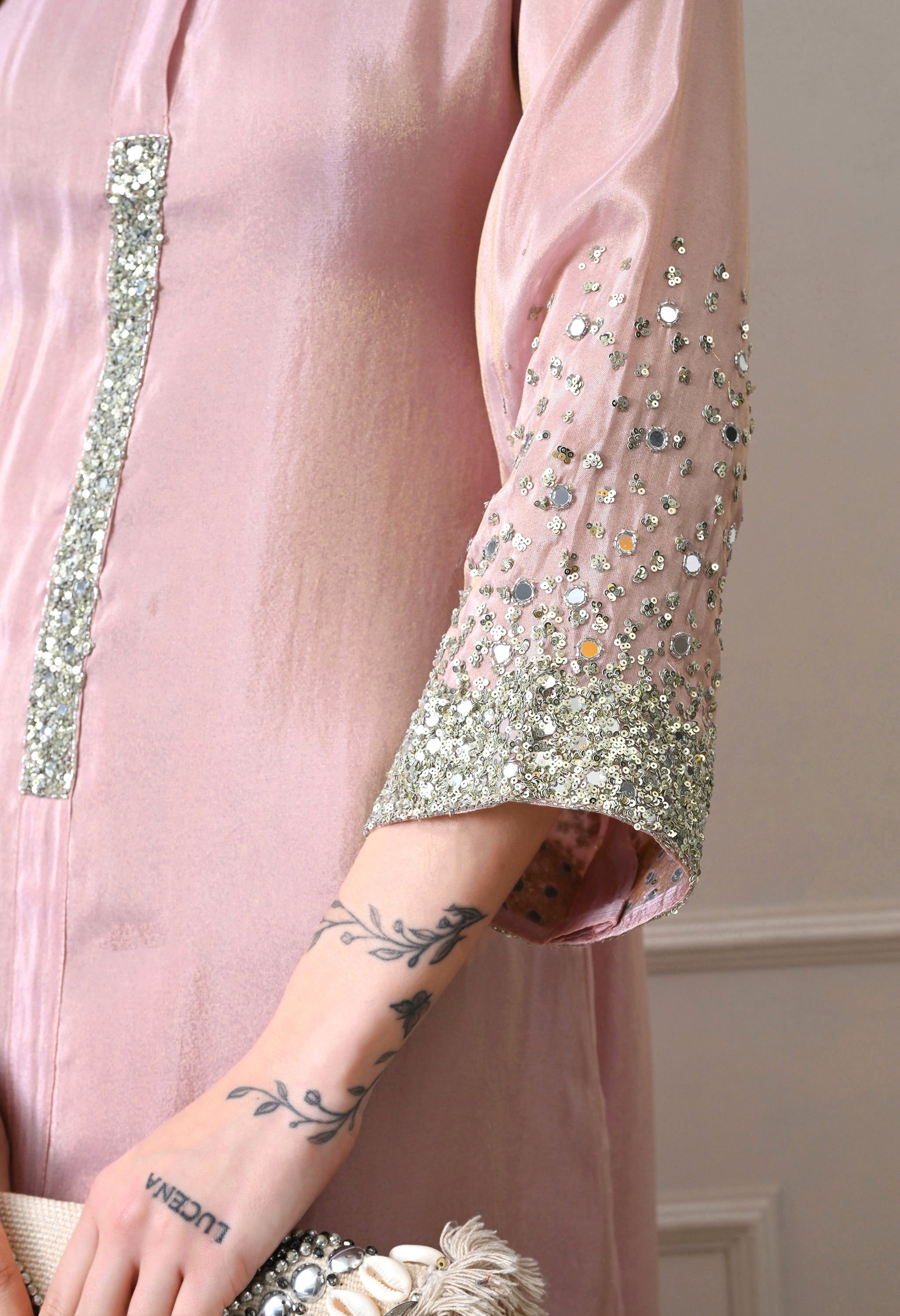 Dusty Rose Premium Tissue Silk Sequin-embroidered Kurta Set- Set of 2