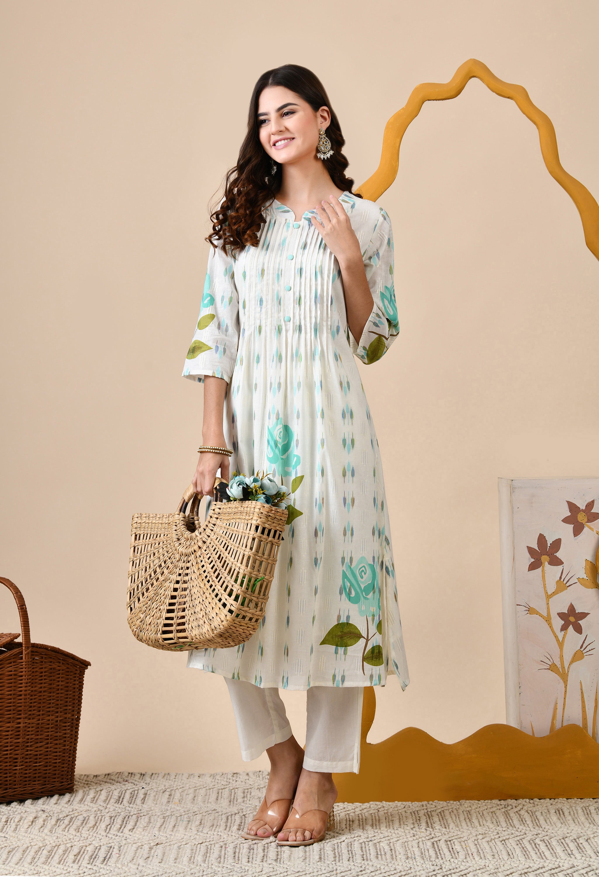White A-line Hand-Painted Mul Cotton Kurta with Pants- Set of 2.