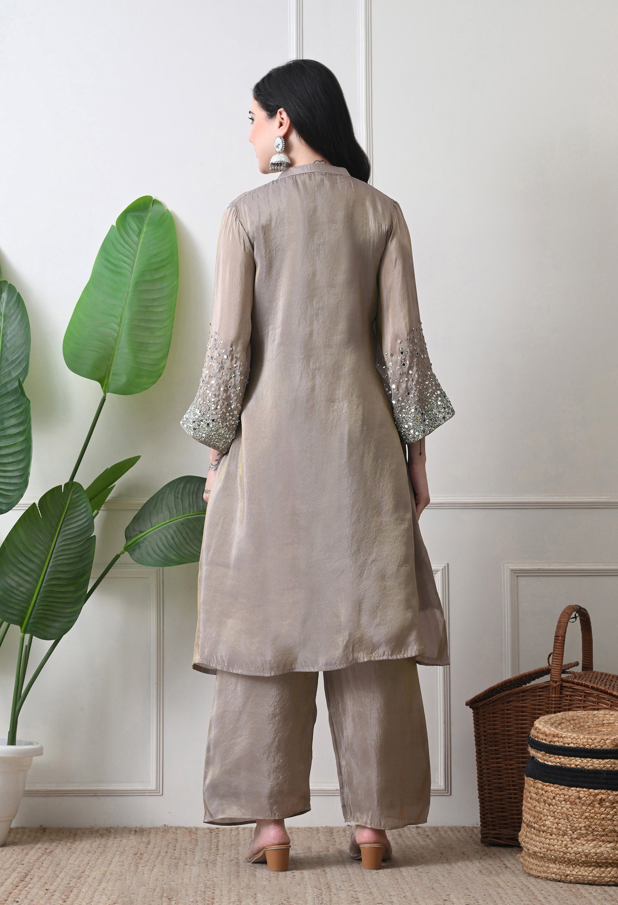 Beige Premium Tissue Silk Sequin-embroidered Kurta Set- Set of 2