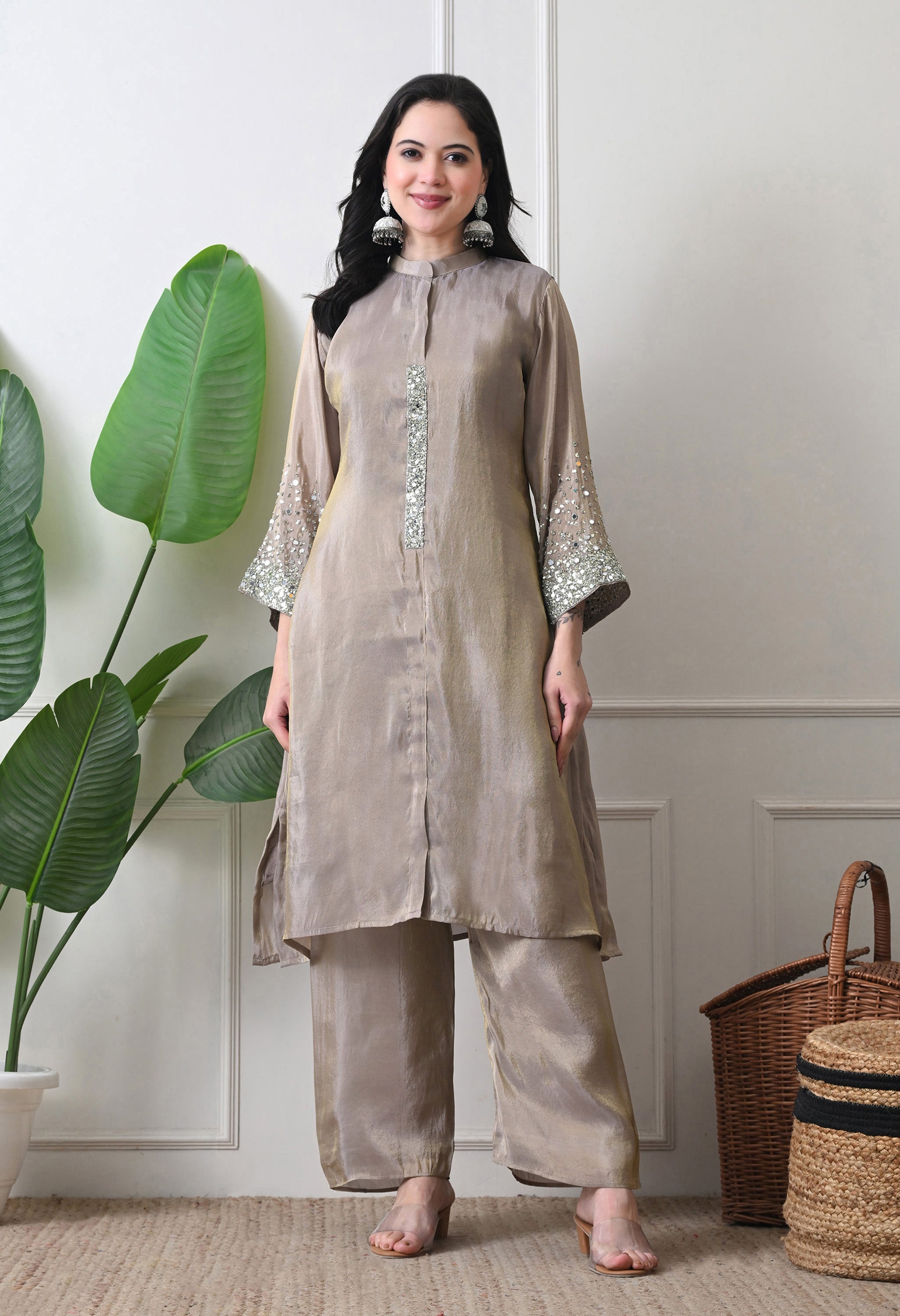 Beige Premium Tissue Silk Sequin-embroidered Kurta Set- Set of 2
