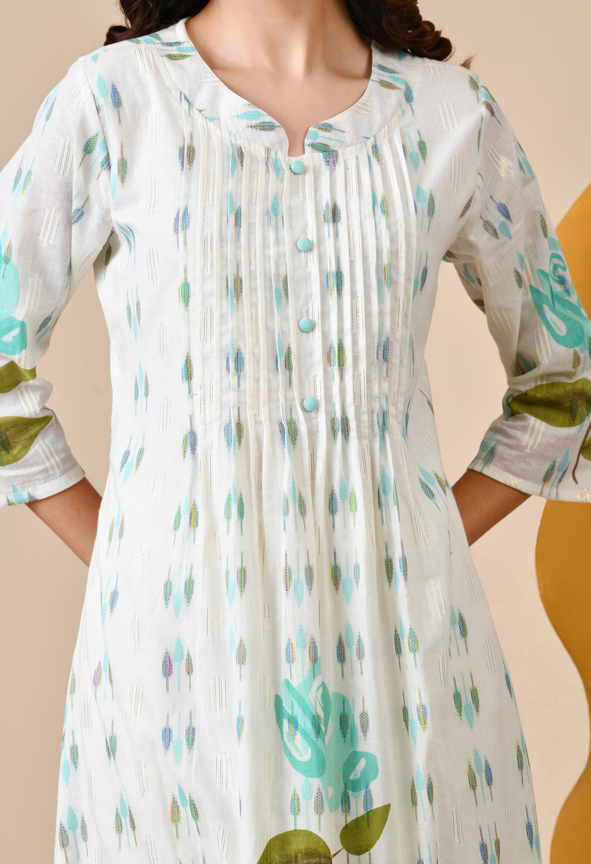 White A-line Hand-Painted Mul Cotton Kurta with Pants- Set of 2.