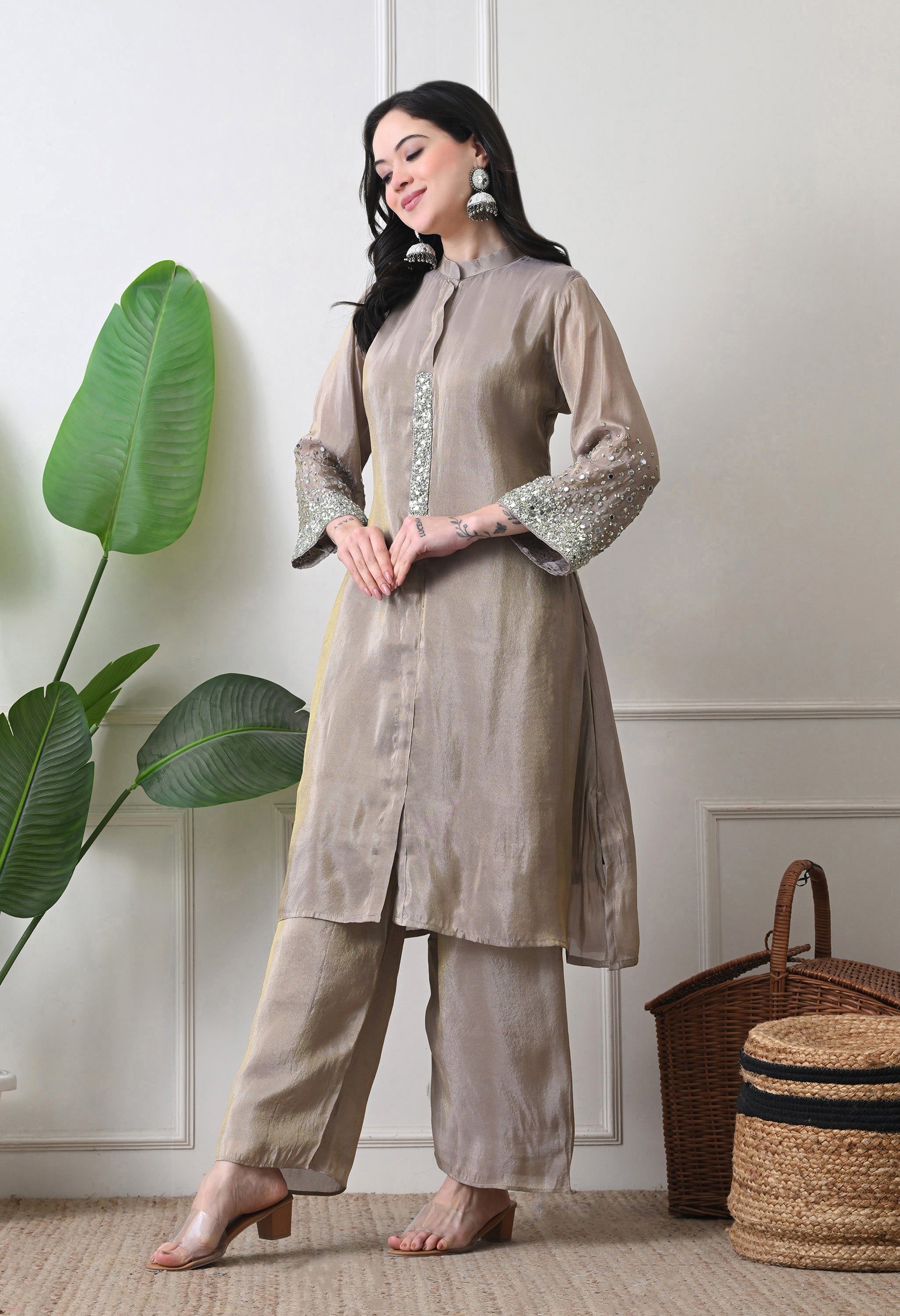 Beige Premium Tissue Silk Sequin-embroidered Kurta Set- Set of 2