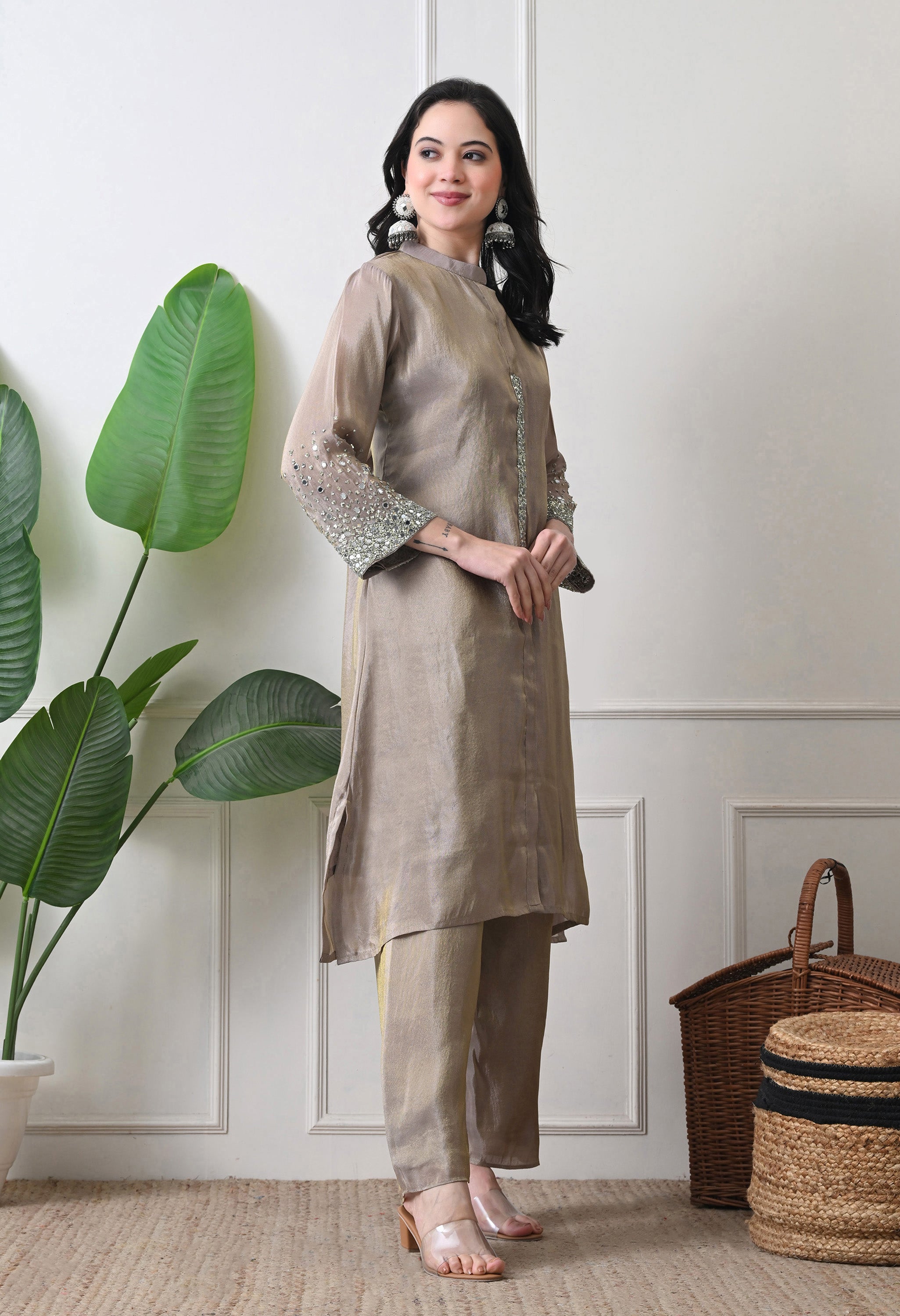 Beige Premium Tissue Silk Sequin-embroidered Kurta Set- Set of 2