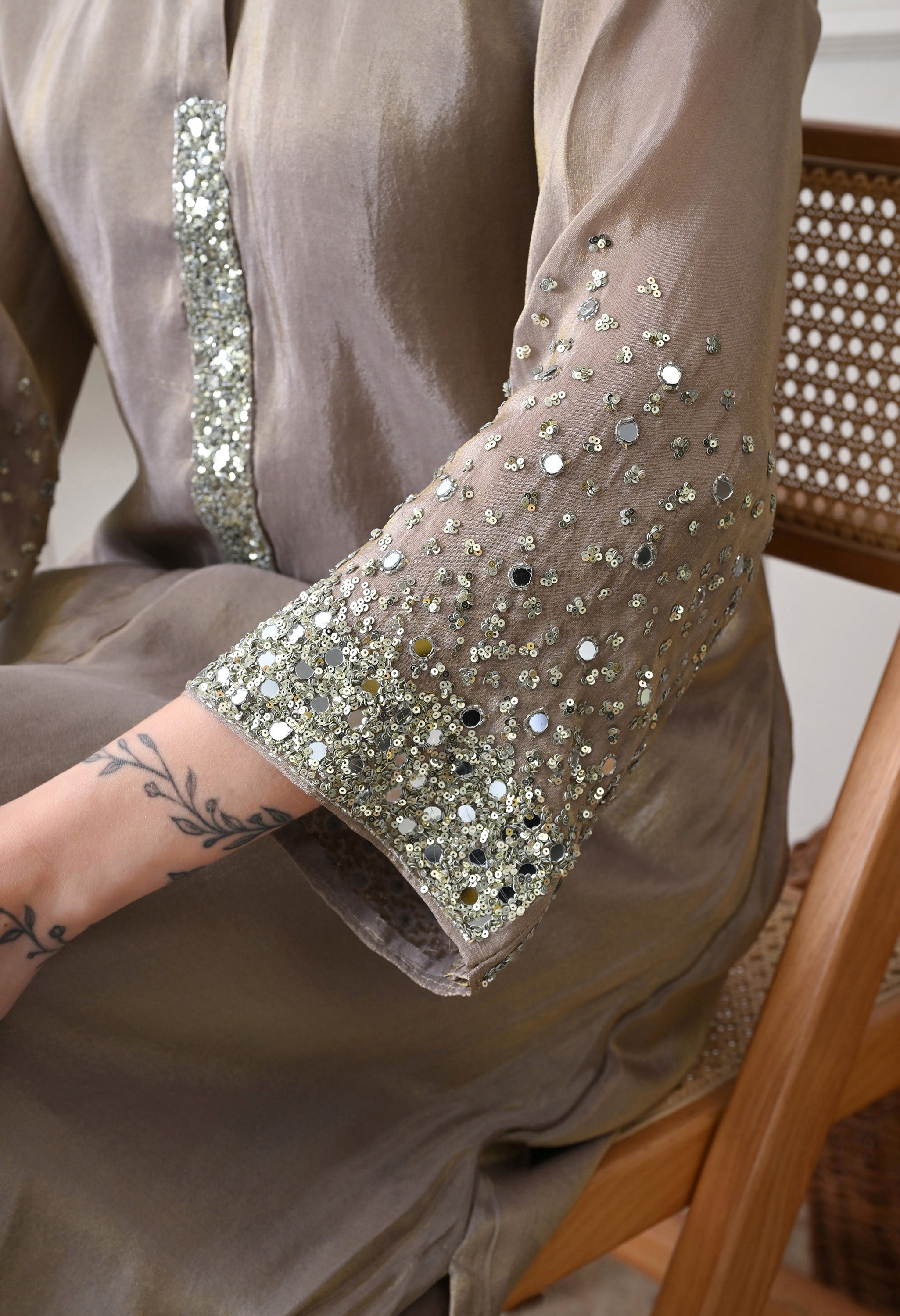 Beige Premium Tissue Silk Sequin-embroidered Kurta Set- Set of 2