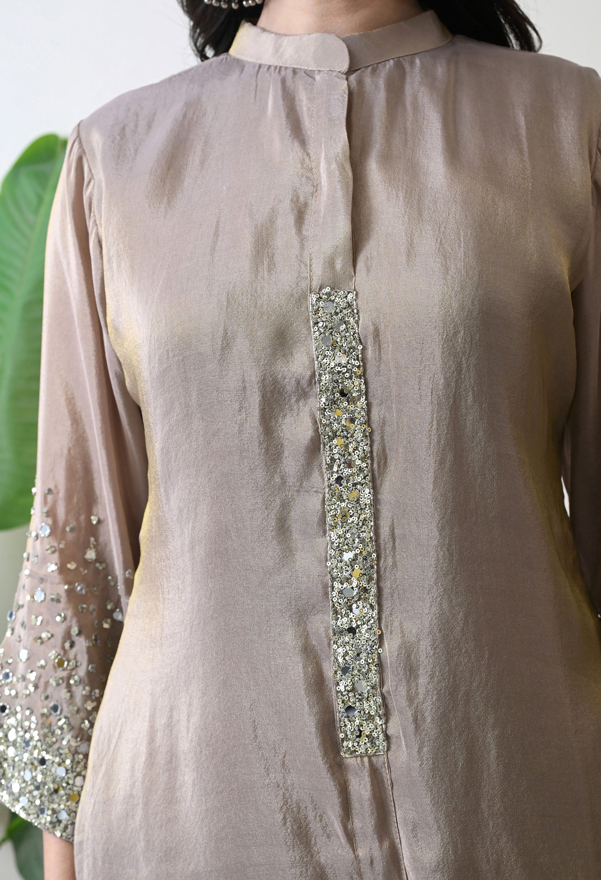 Beige Premium Tissue Silk Sequin-embroidered Kurta Set- Set of 2