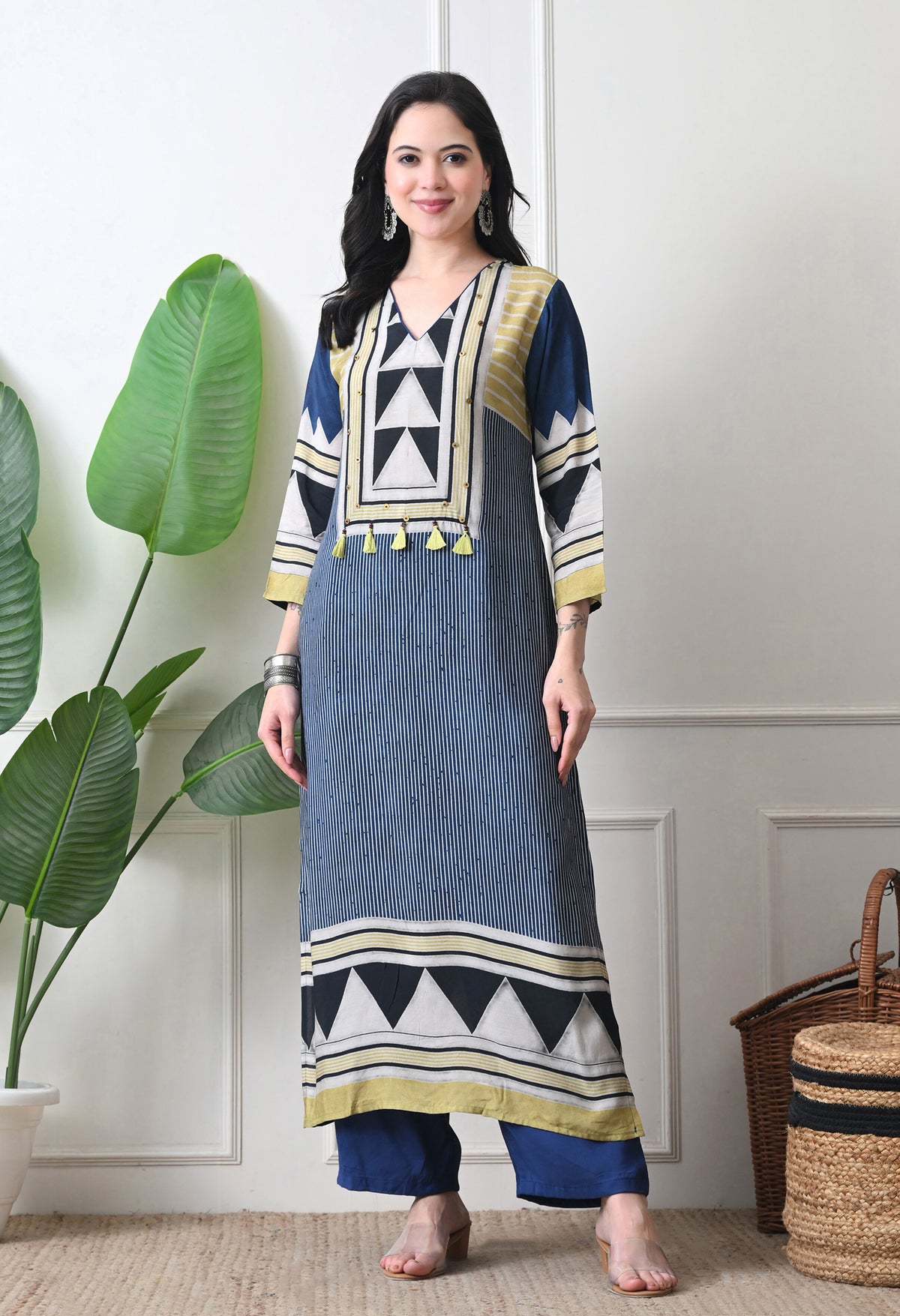 Blue Muslin Abstract Print Kurta with Pants- Set of 2