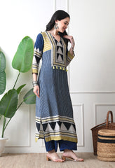 Blue Muslin Abstract Print Kurta with Pants- Set of 2