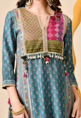 Luxurious Blue Muslin Silk Set with Brocade Banarasi Neckline and Tassels - Set of 2