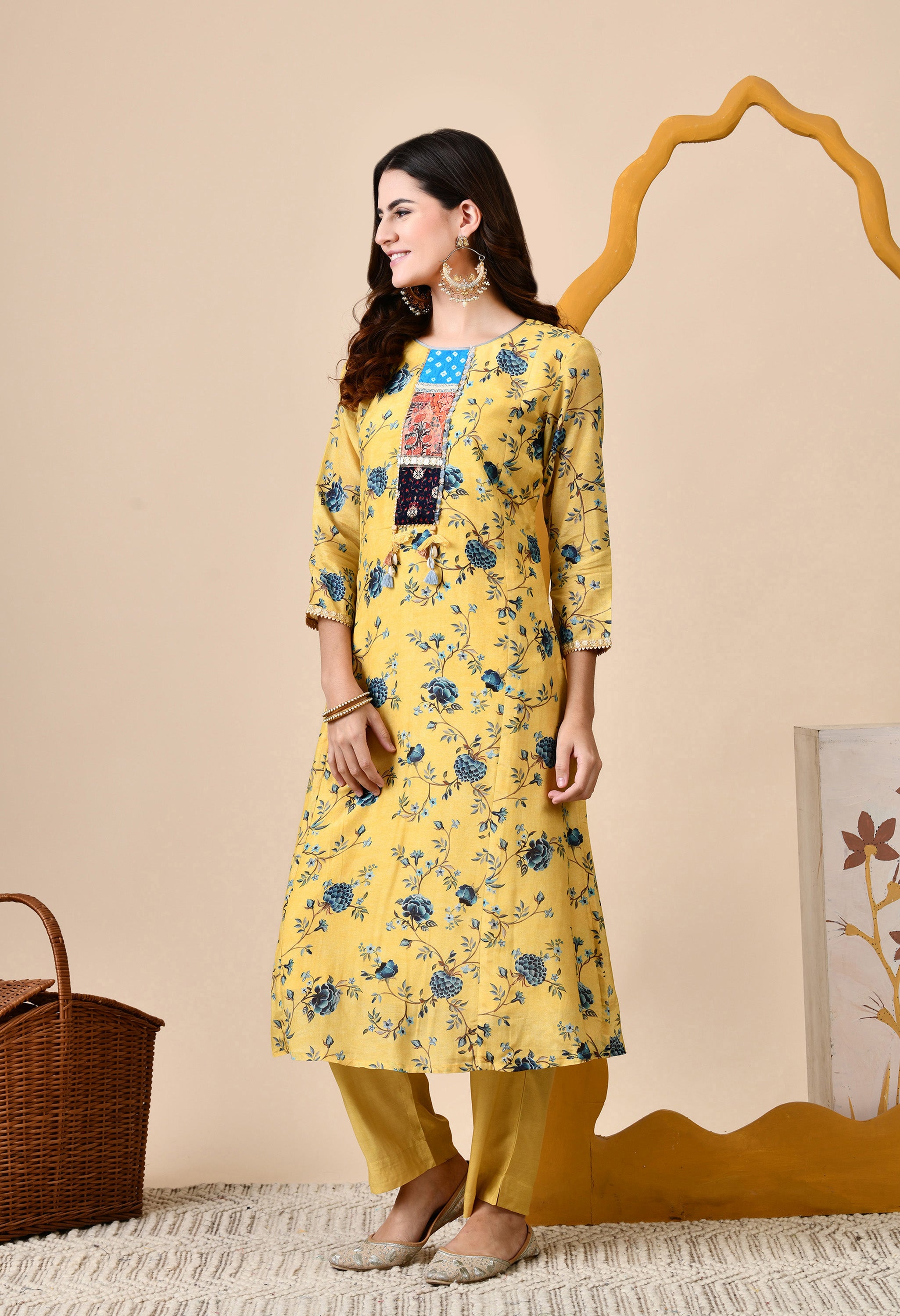 Luxurious Mustard Muslin Set with Patchwork - Set of 2