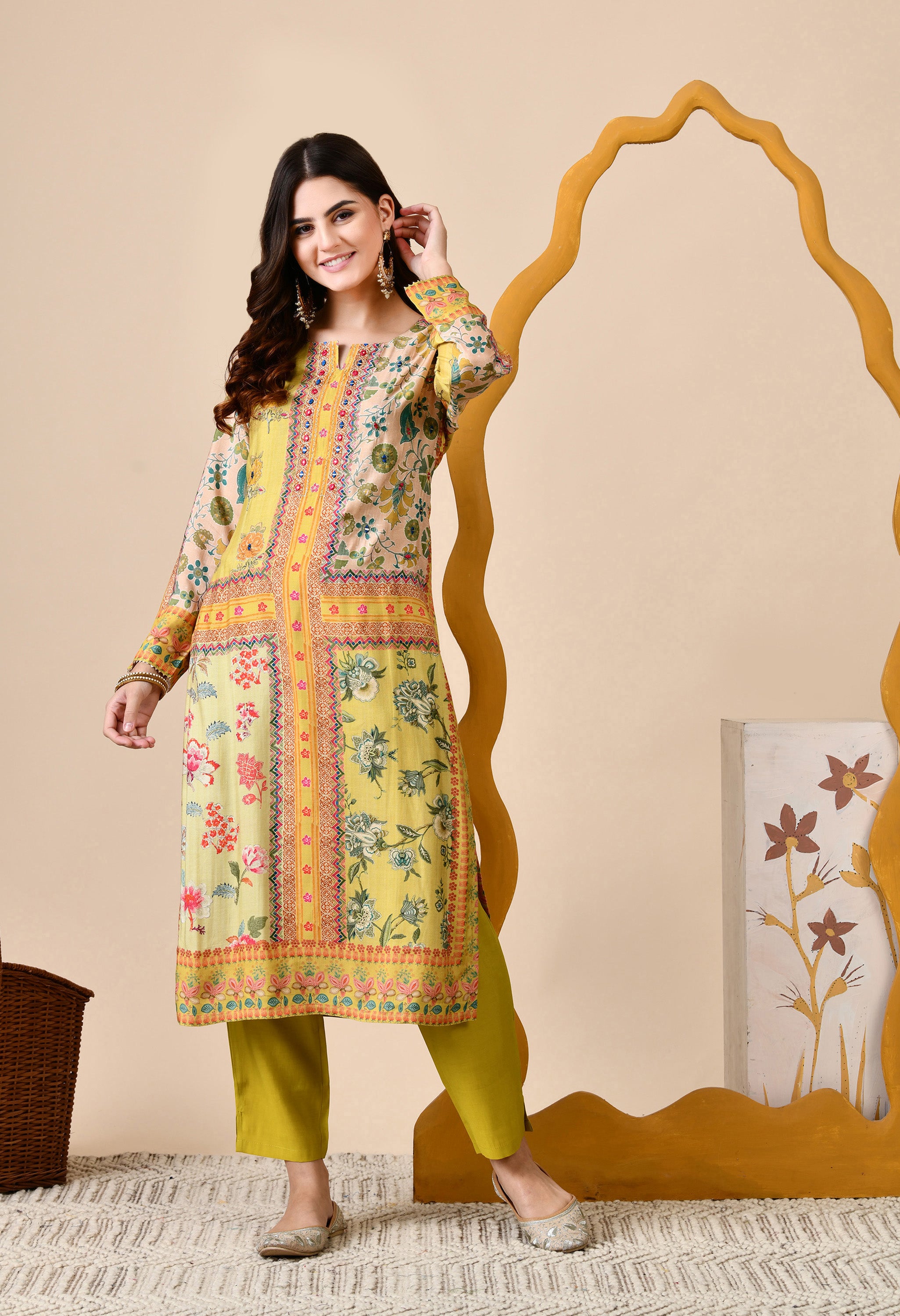 Mustard Muslin Digital Print Embroidered Suit - Set of 3