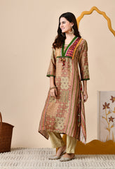 Luxurious Beige Muslin Silk Set with Brocade Banarasi Neckline and Tassels - Set of 2