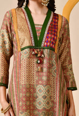 Luxurious Beige Muslin Silk Set with Brocade Banarasi Neckline and Tassels - Set of 2