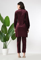 Maroon Colored Super Soft Velvet Coord set with Printex and Hand Work Detailing - Set of 2