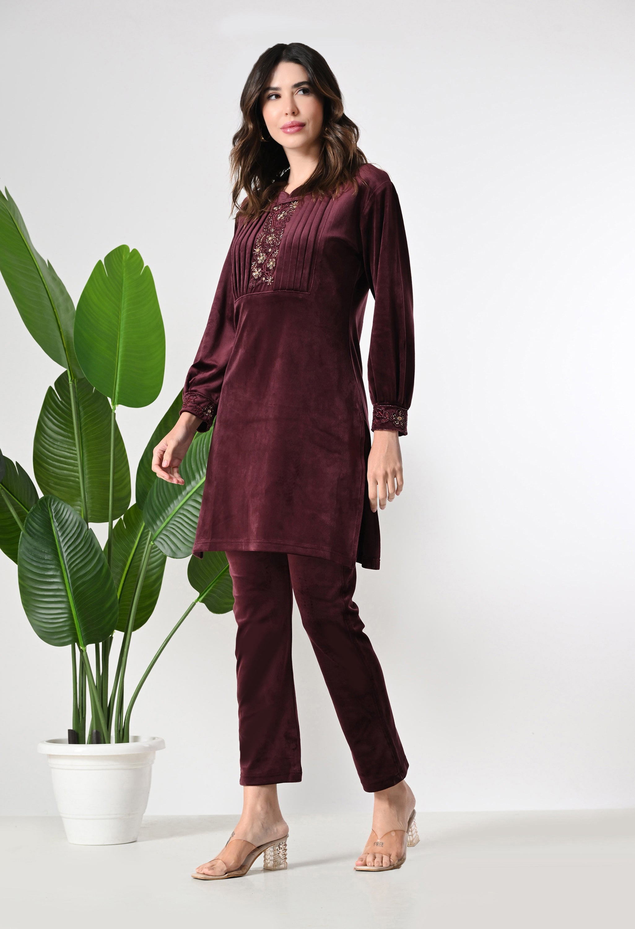 Maroon Colored Super Soft Velvet Coord set with Printex and Hand Work Detailing - Set of 2