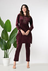 Maroon Colored Super Soft Velvet Coord set with Printex and Hand Work Detailing - Set of 2