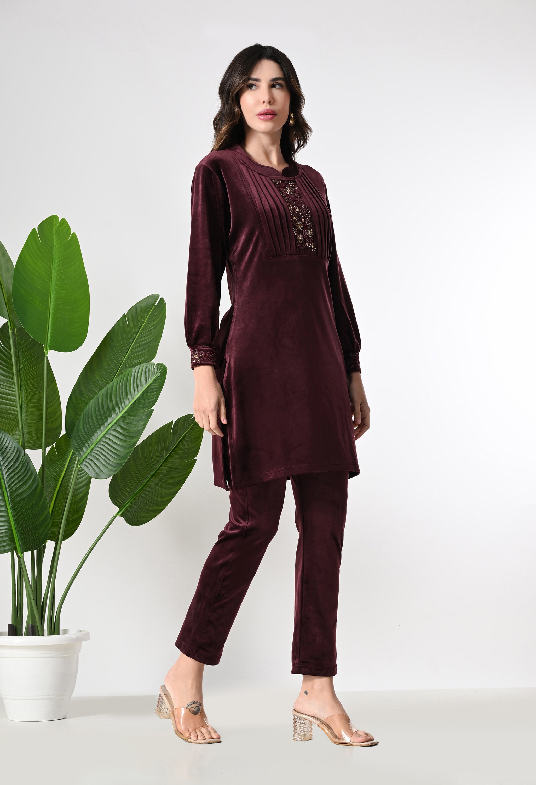 Maroon Colored Super Soft Velvet Coord set with Printex and Hand Work Detailing - Set of 2