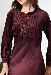 Maroon Colored Super Soft Velvet Coord set with Printex and Hand Work Detailing - Set of 2