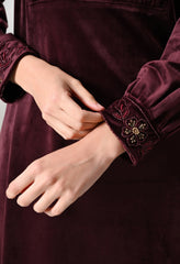 Maroon Colored Super Soft Velvet Coord set with Printex and Hand Work Detailing - Set of 2