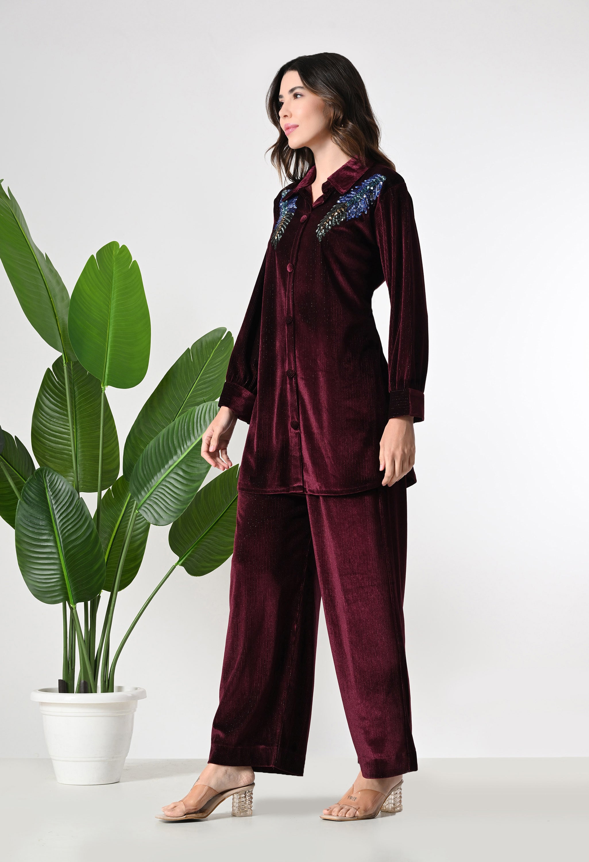Maroon Shimmer Velvet Co-ord set with Sequence Work paired with Smart Pants -Set of 2