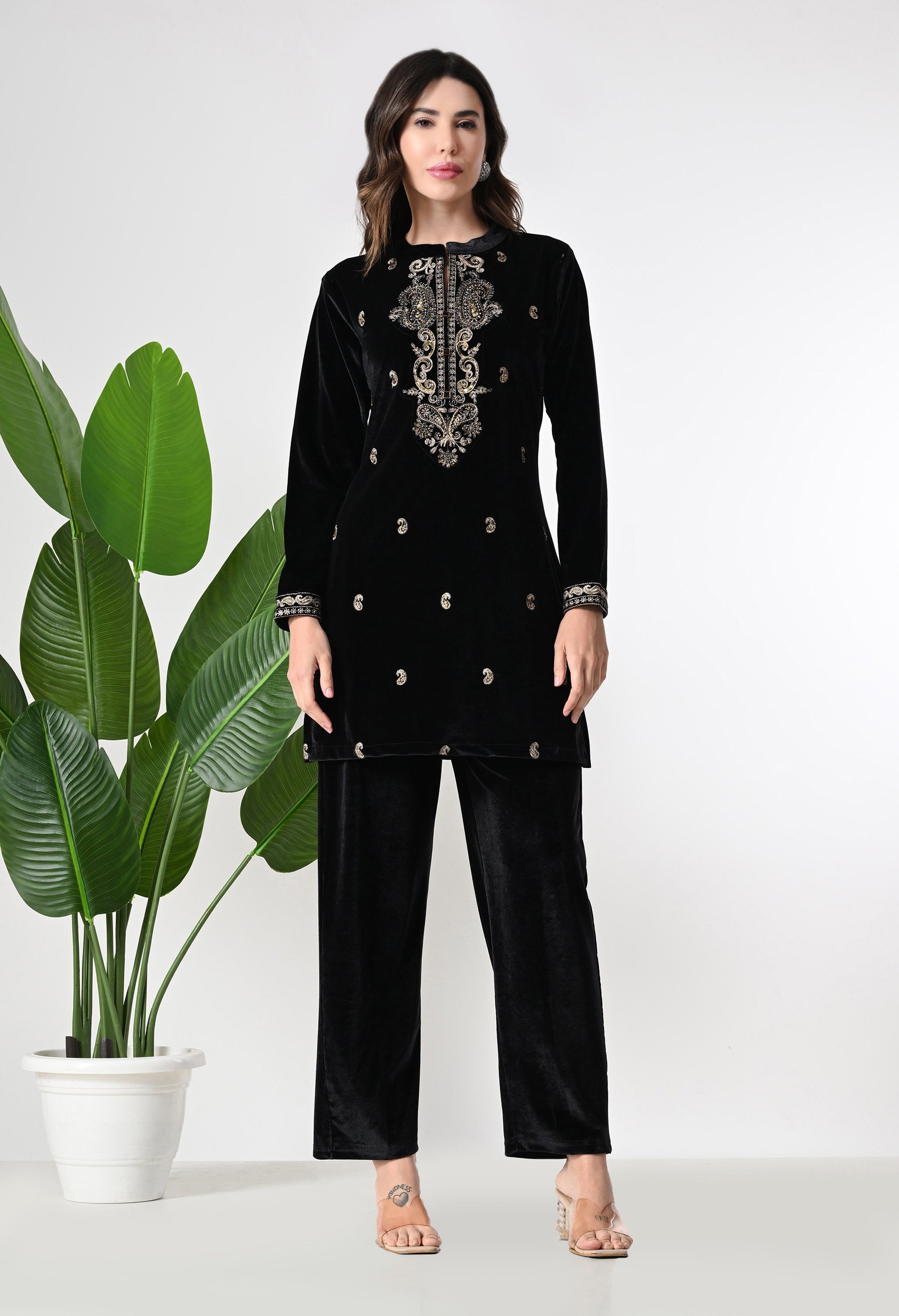 Black Velvet Co-ord set with Zari Sequence and Cutdana Work Paired wit ...