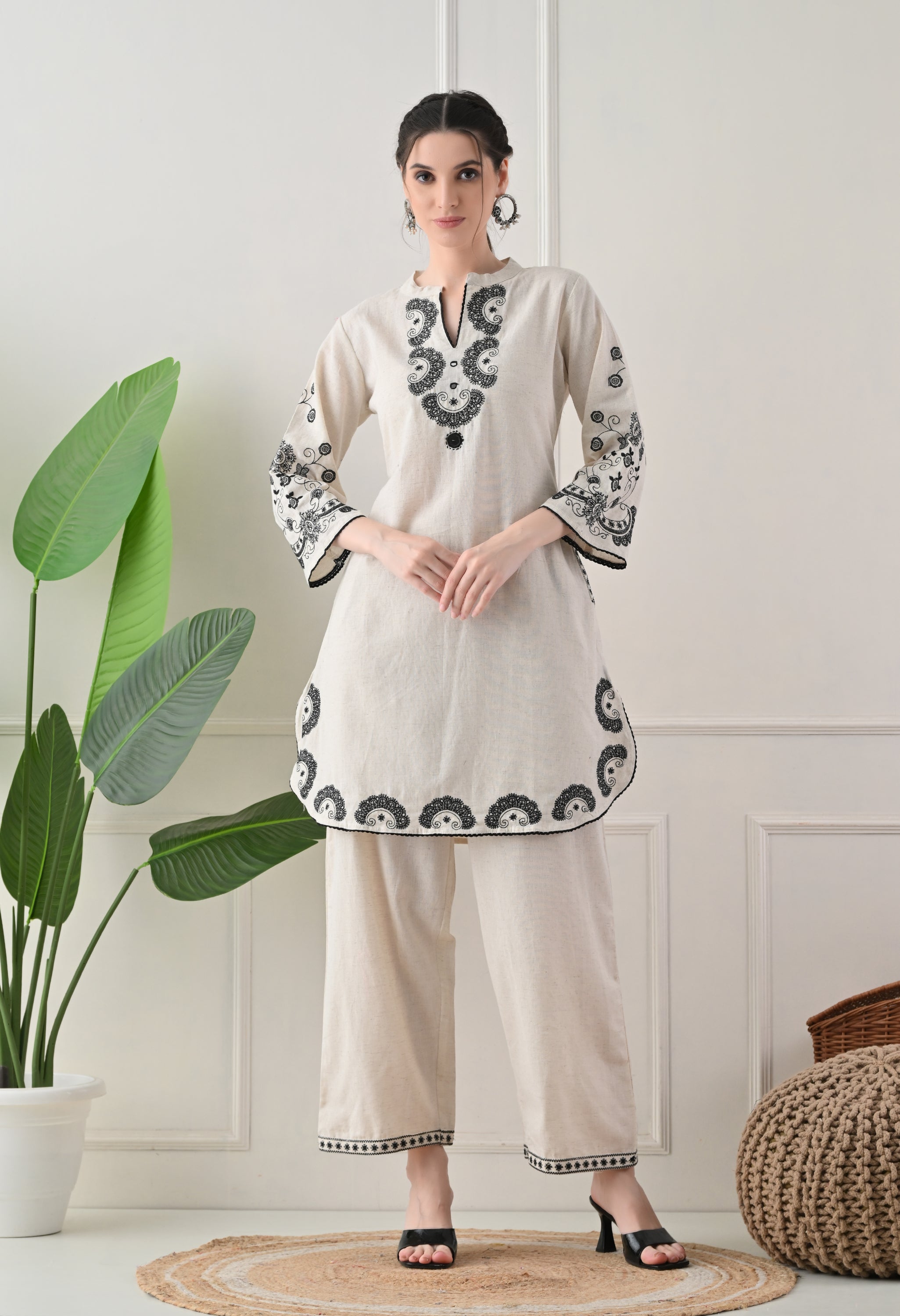 Cream Black Cotton Embroidered Co-ord Set- Set of 2