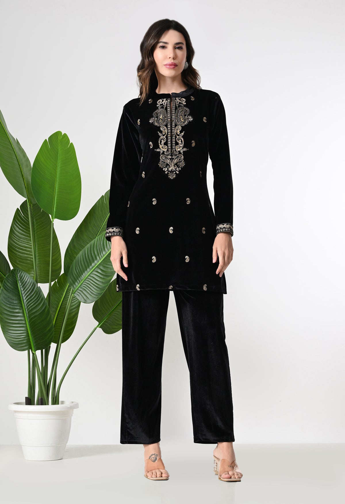 Black Velvet Co-ord set with Zari Sequence and Cutdana Work Paired with Smart Pants- Set of 2