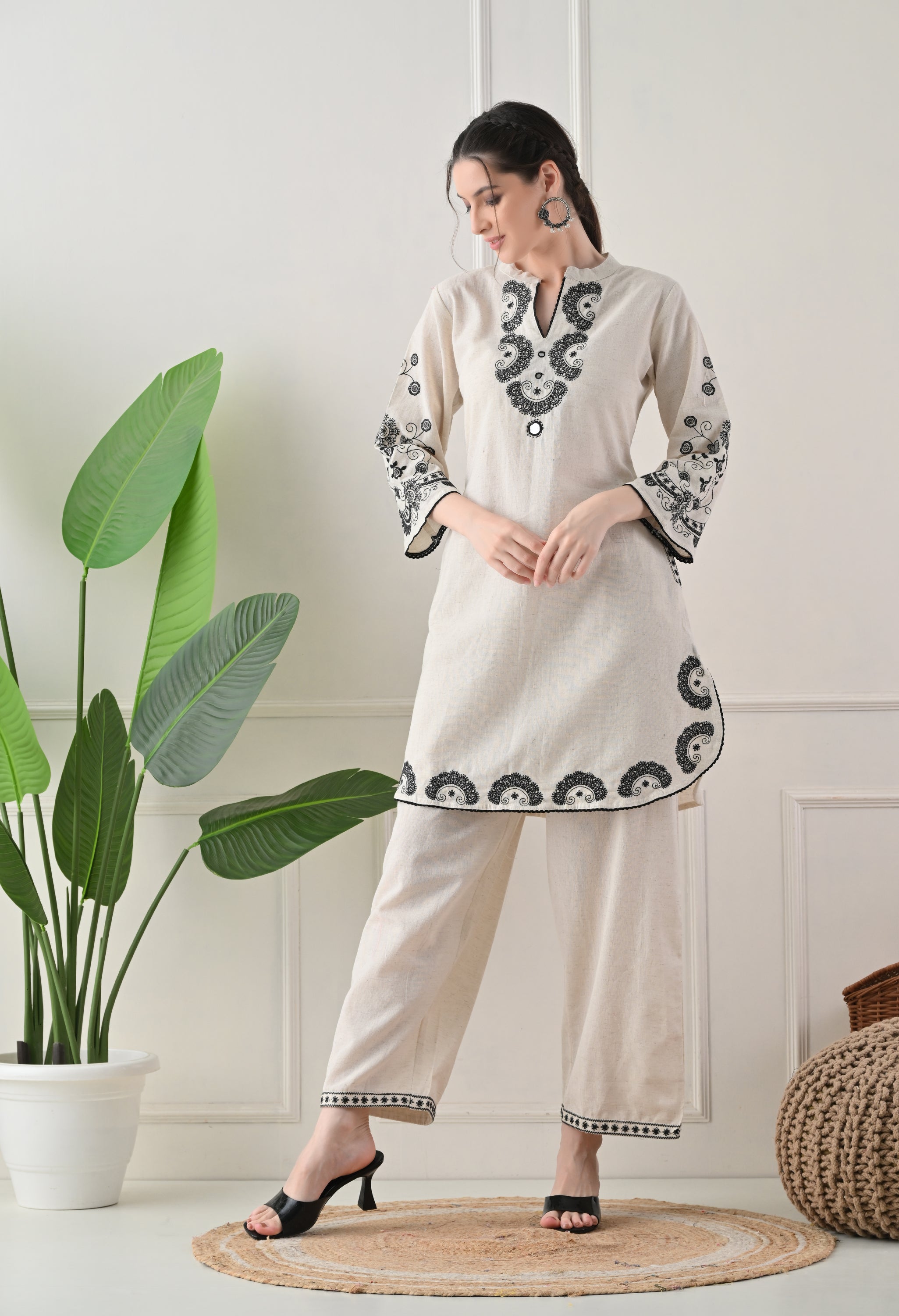Cream Black Cotton Embroidered Co-ord Set- Set of 2
