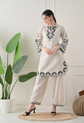 Cream Black Cotton Embroidered Co-ord Set- Set of 2