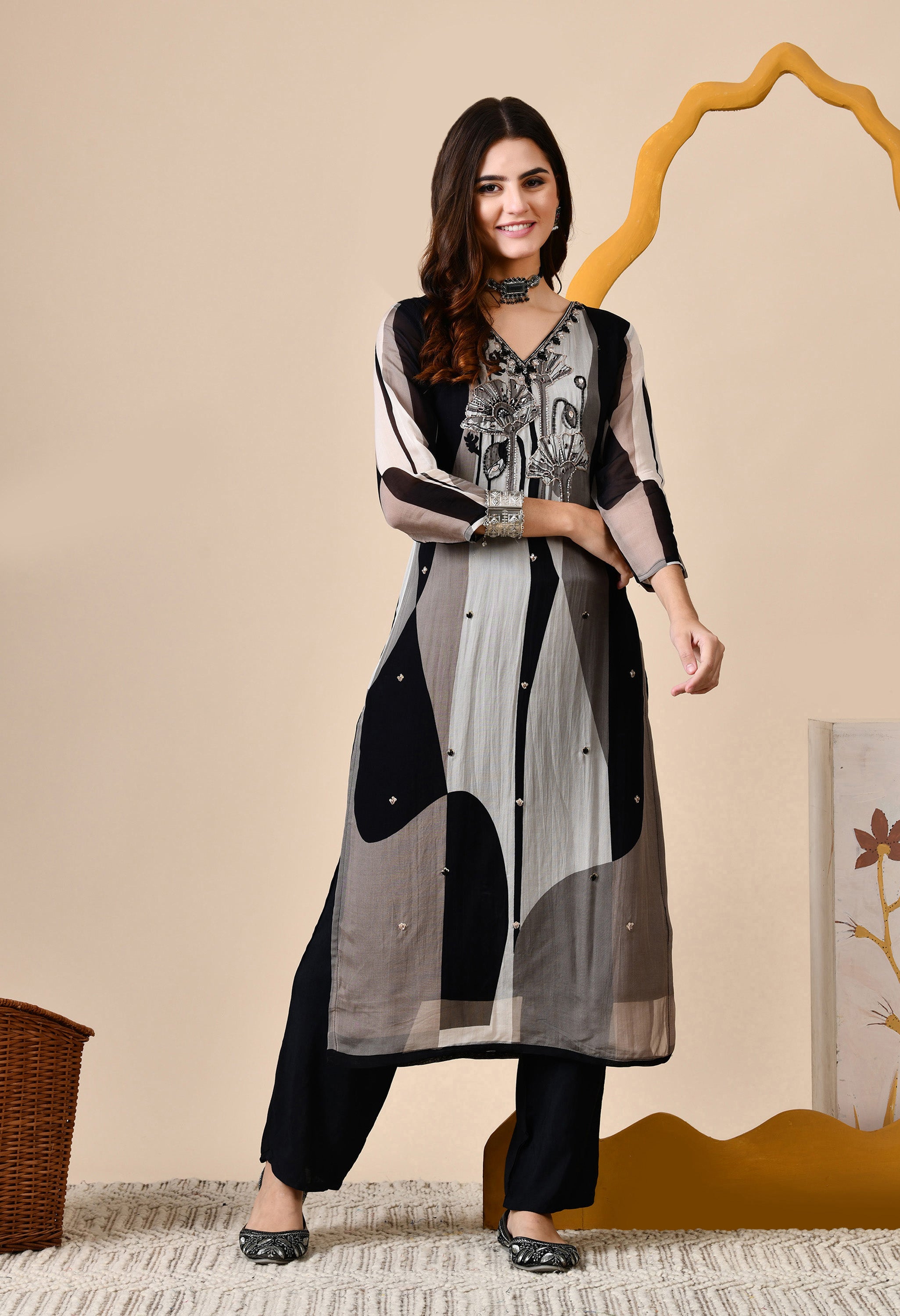 Black Pure Soft Organza Abstract Print Embroidered Suit - set of 3