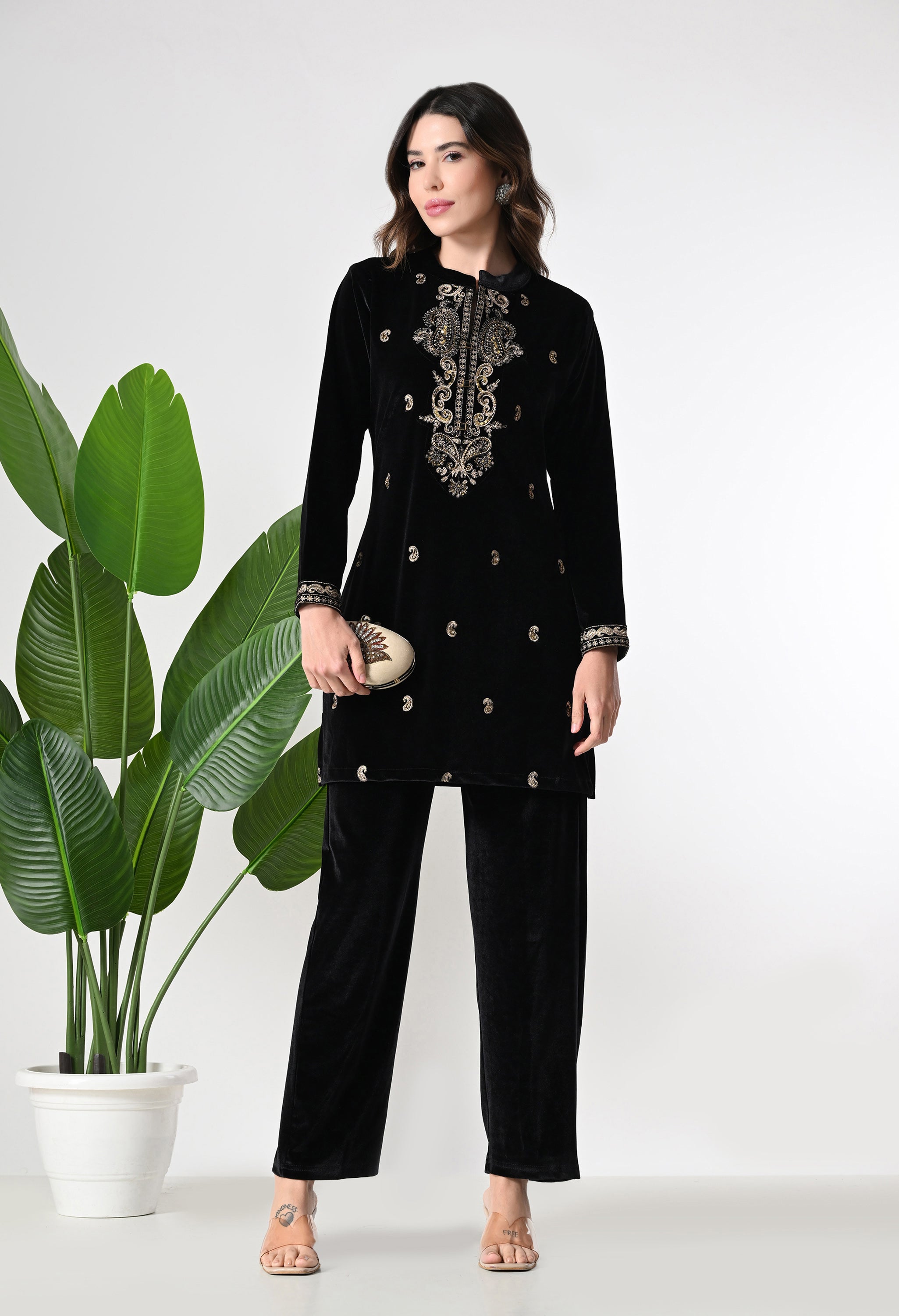 Black Velvet Co-ord set with Zari Sequence and Cutdana Work Paired with Smart Pants- Set of 2
