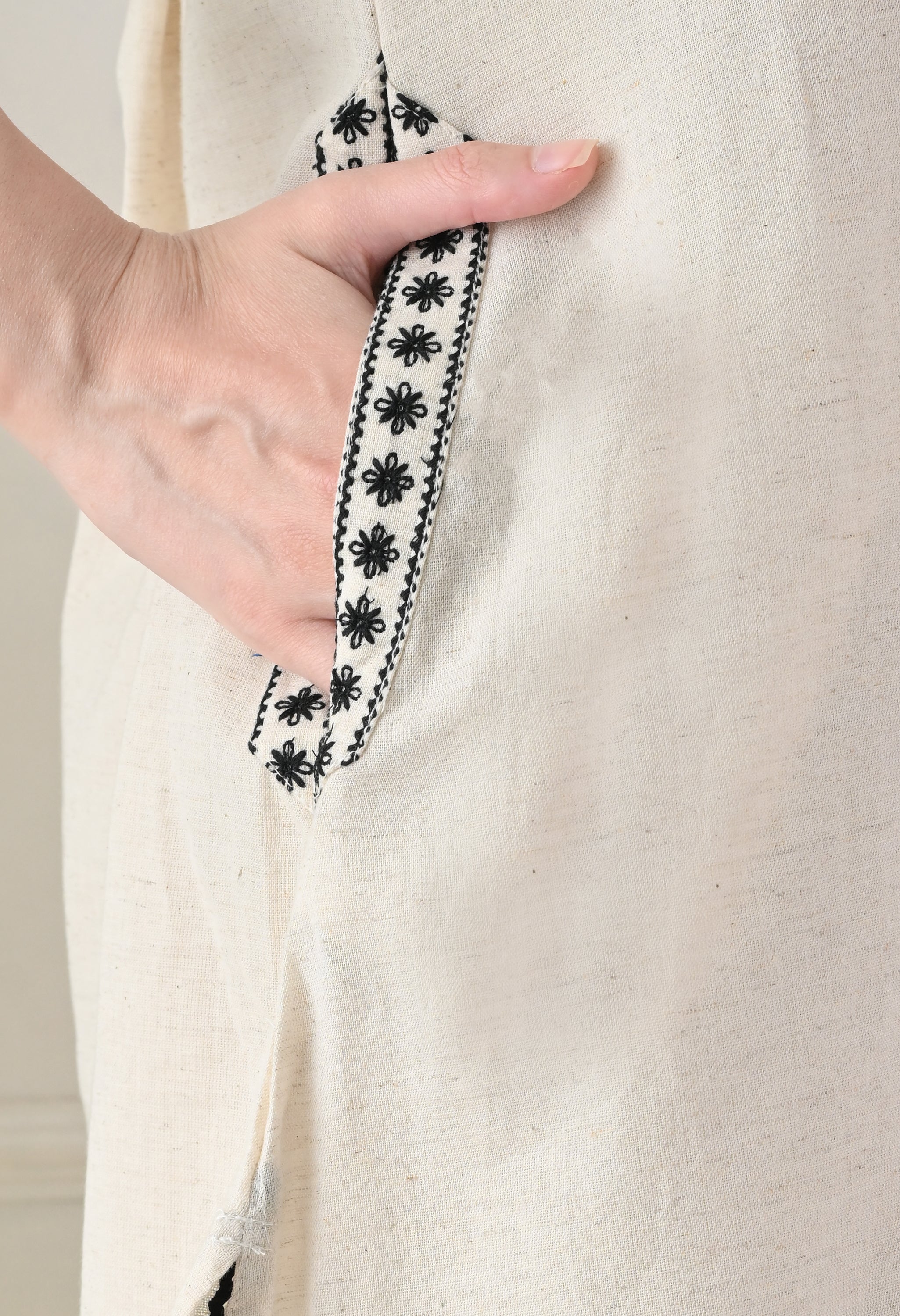 Cream Black Cotton Embroidered Co-ord Set- Set of 2
