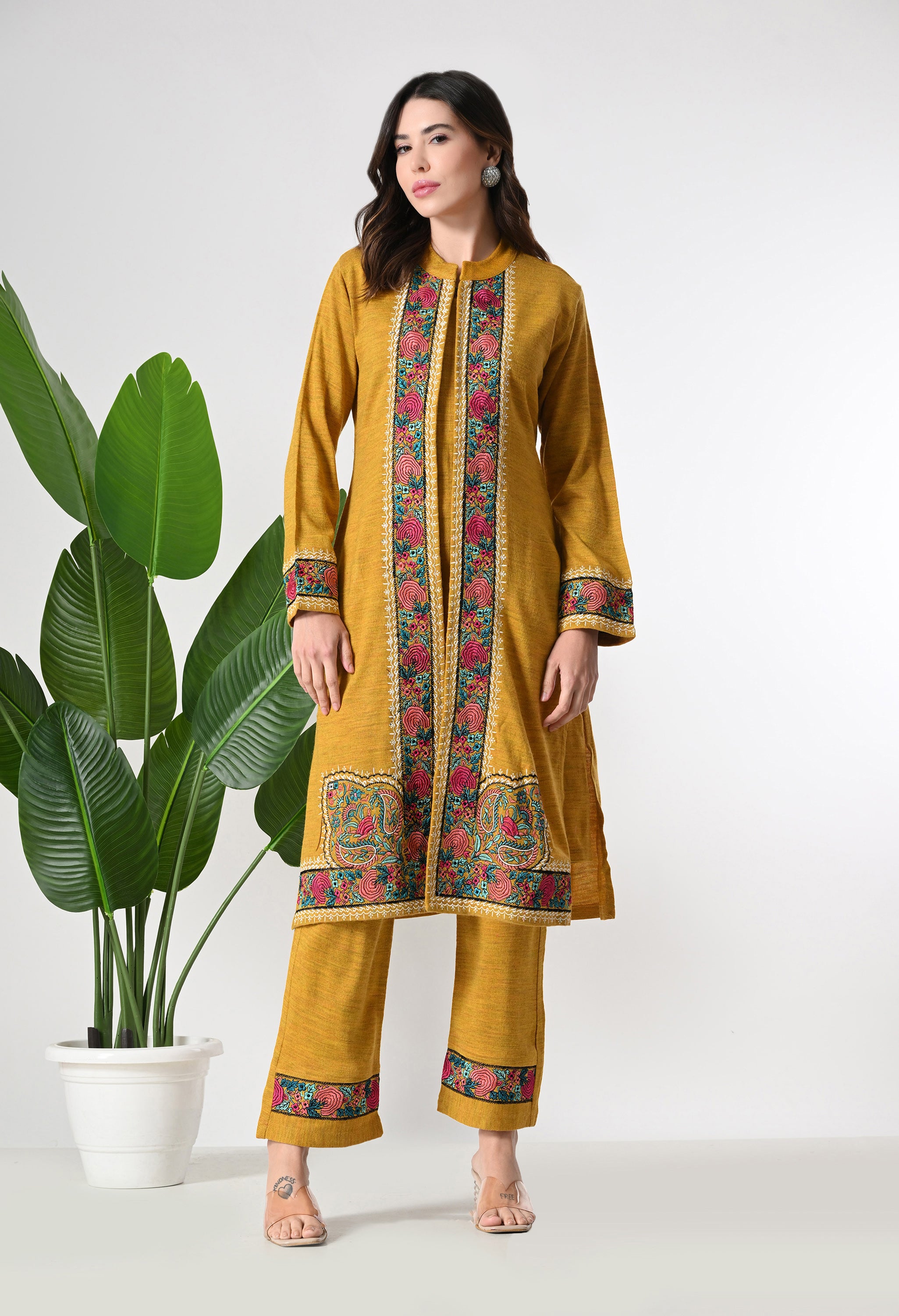 Mustard Woolen set with Detachable Kashmiri Embroidered Jacket - Set of 3