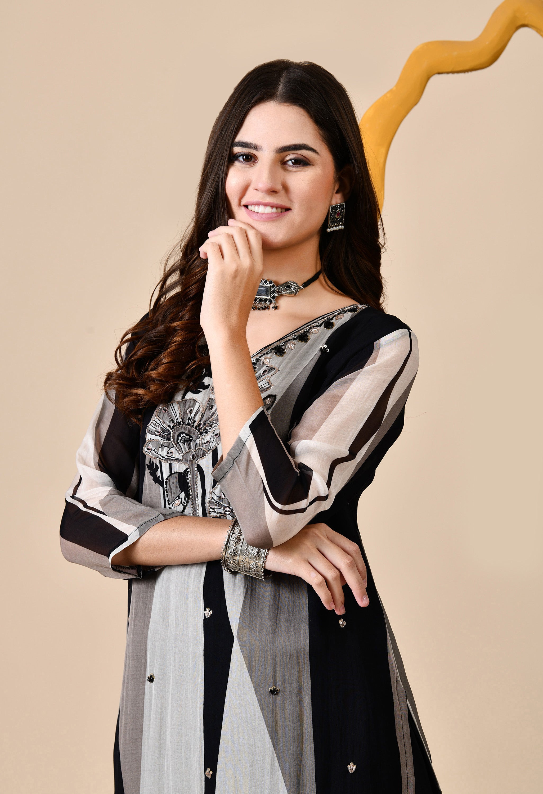 Black Pure Soft Organza Abstract Print Embroidered Suit - set of 3