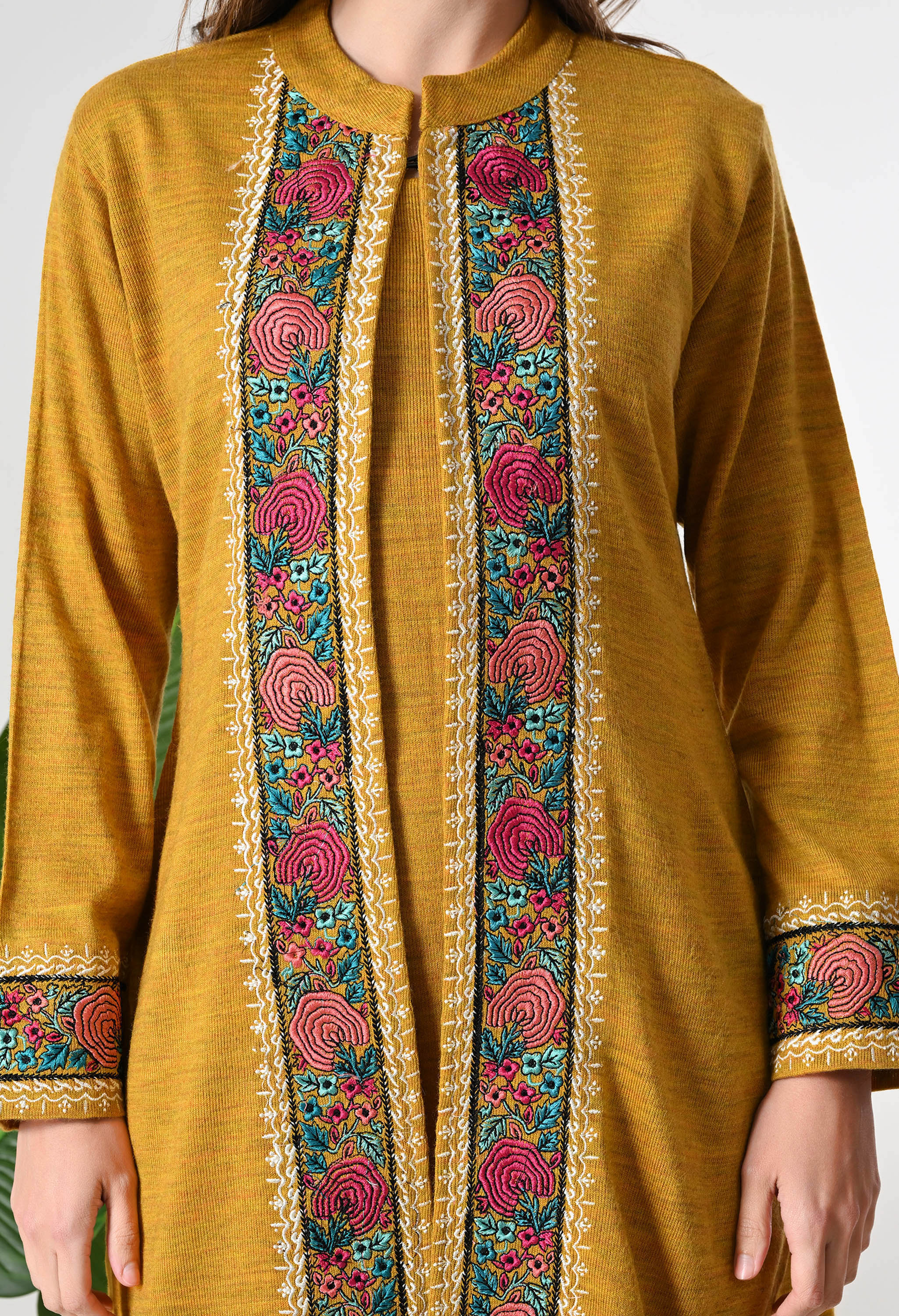 Mustard Woolen set with Detachable Kashmiri Embroidered Jacket - Set of 3