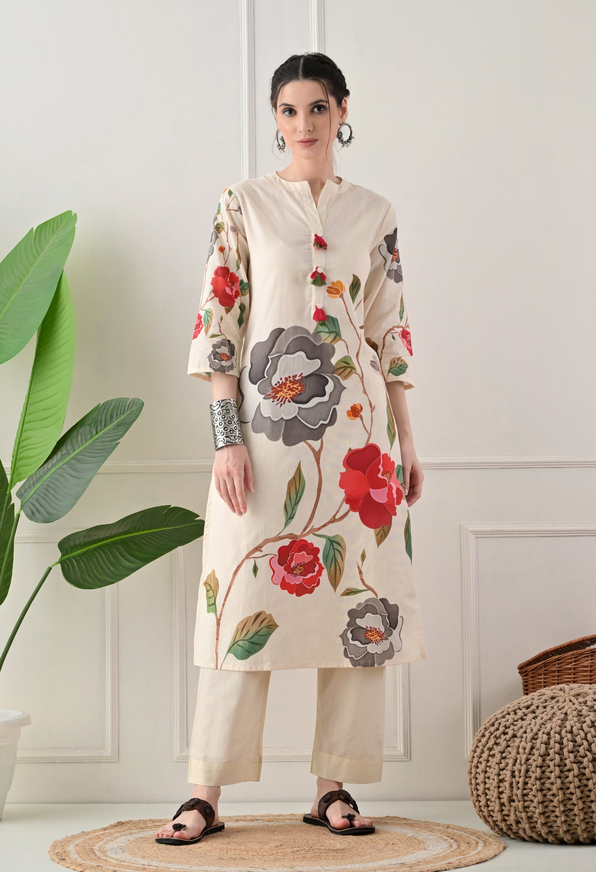 Cream Floral Digital Print Cotton Suit- Set of 3