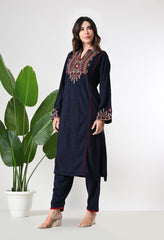 Navy Blue Woolen 2 Piece Set with Beautiful Kashmiri Embroidery on the Neckline - Set of 2