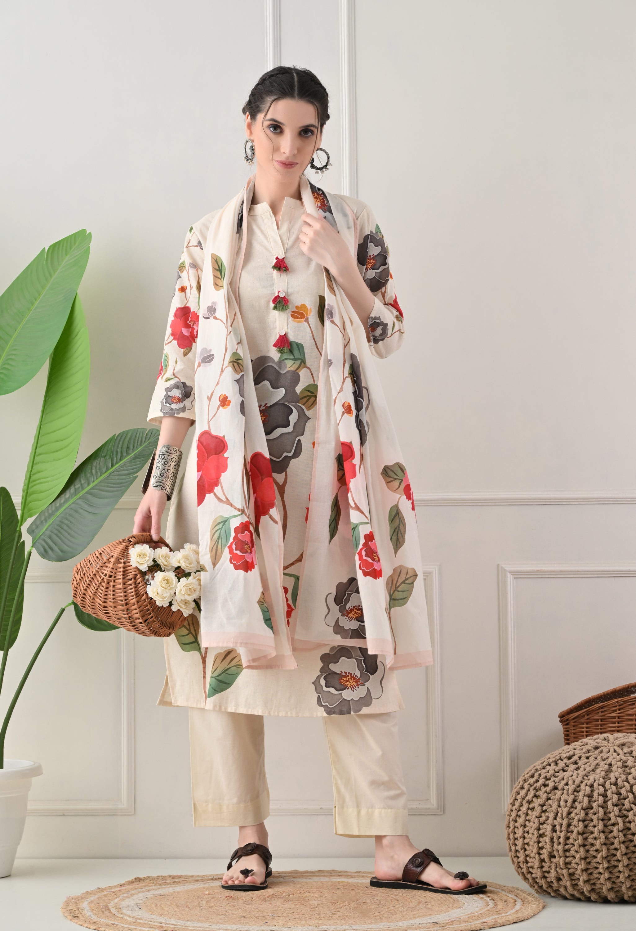 Cream Floral Digital Print Cotton Suit- Set of 3