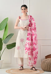 Cream Cotton Suit with Dori Work, Noddle Straps -Set of 3