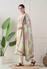 Green Cotton Digital Print Suit-Set of 3