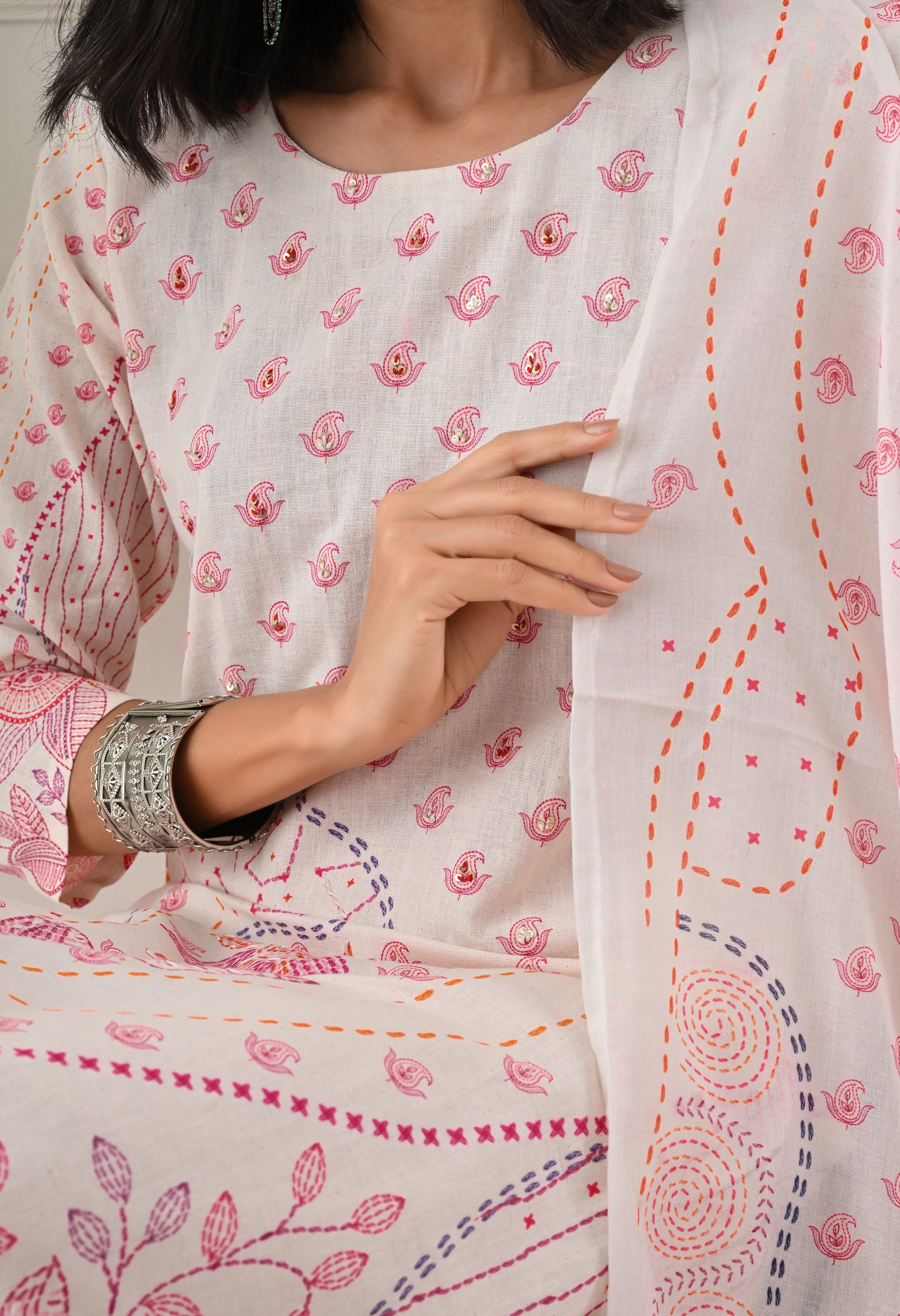 Cream Digital Print Suit with Kantha Sequence Work Detailing-Set of 3