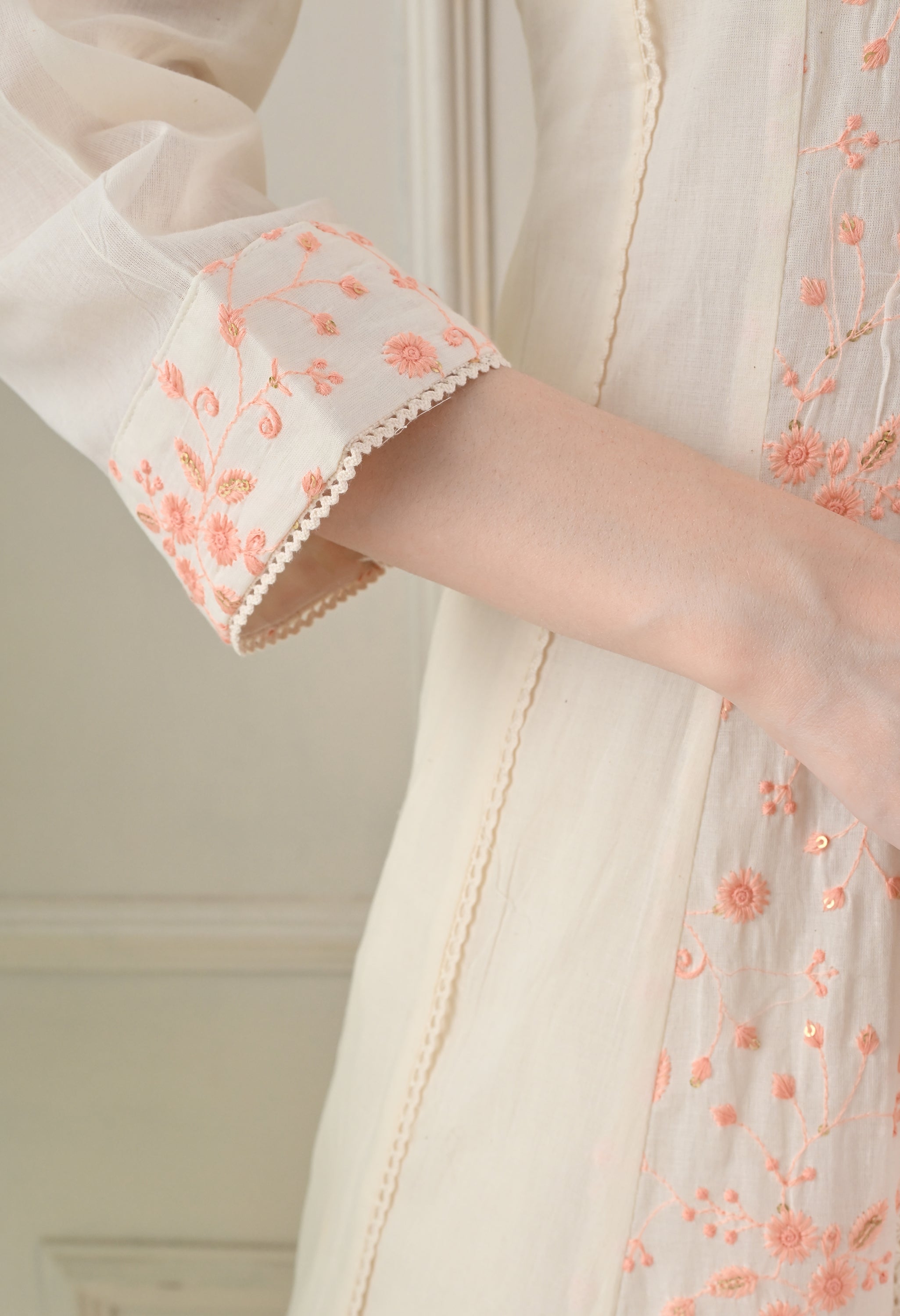 Cream Orange Cotton Chikankari Embroidered A-Line Suit-Set of 3