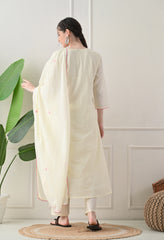 Lemon Cream Embroidered Dobby Cotton A-Line Suit - Set of 3