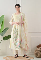 Lemon Cream Embroidered Dobby Cotton A-Line Suit - Set of 3
