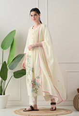 Lemon Cream Embroidered Dobby Cotton A-Line Suit - Set of 3