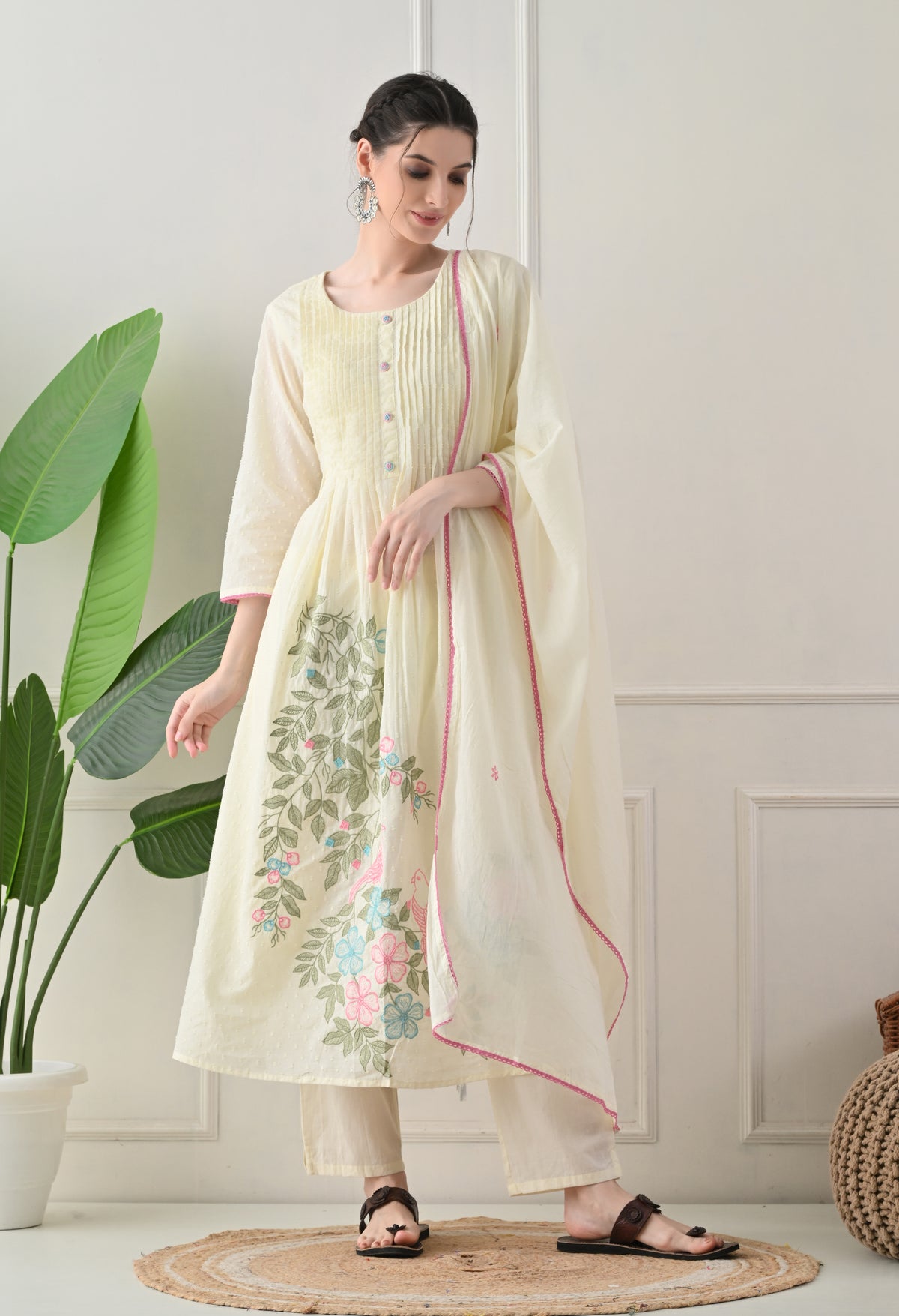 Lemon Cream Embroidered Dobby Cotton A-Line Suit - Set of 3