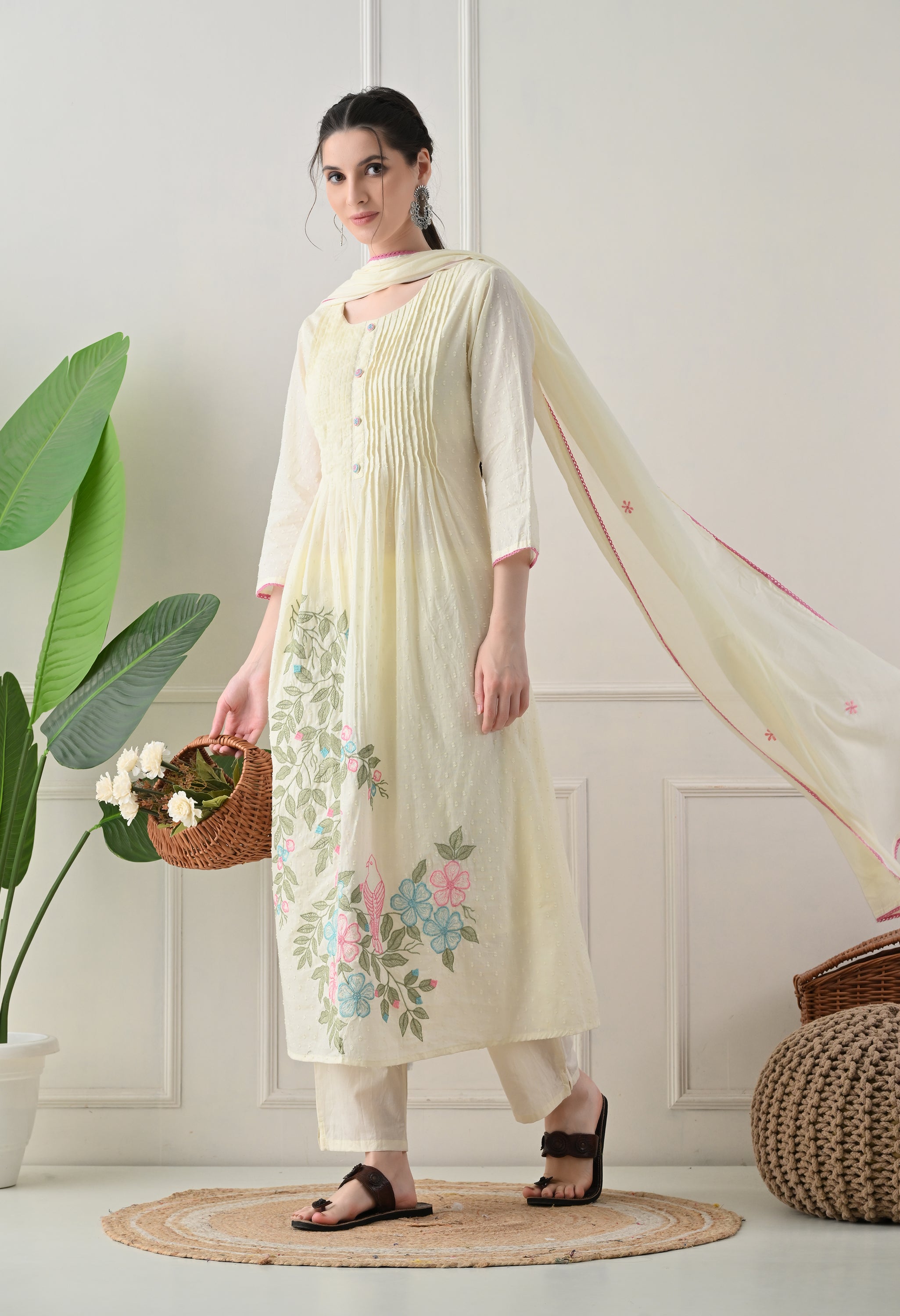 Lemon Cream Embroidered Dobby Cotton A-Line Suit - Set of 3