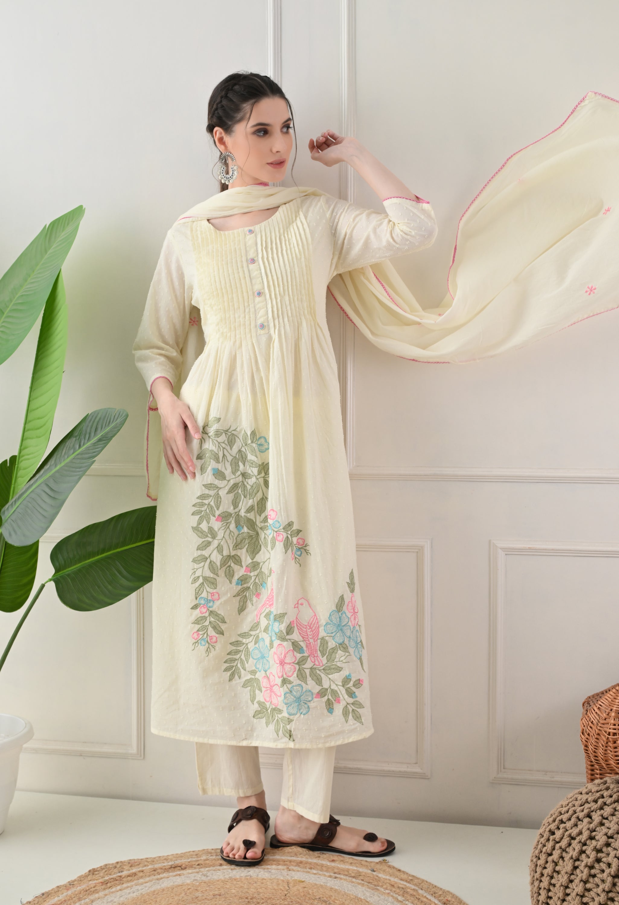 Lemon Cream Embroidered Dobby Cotton A-Line Suit - Set of 3