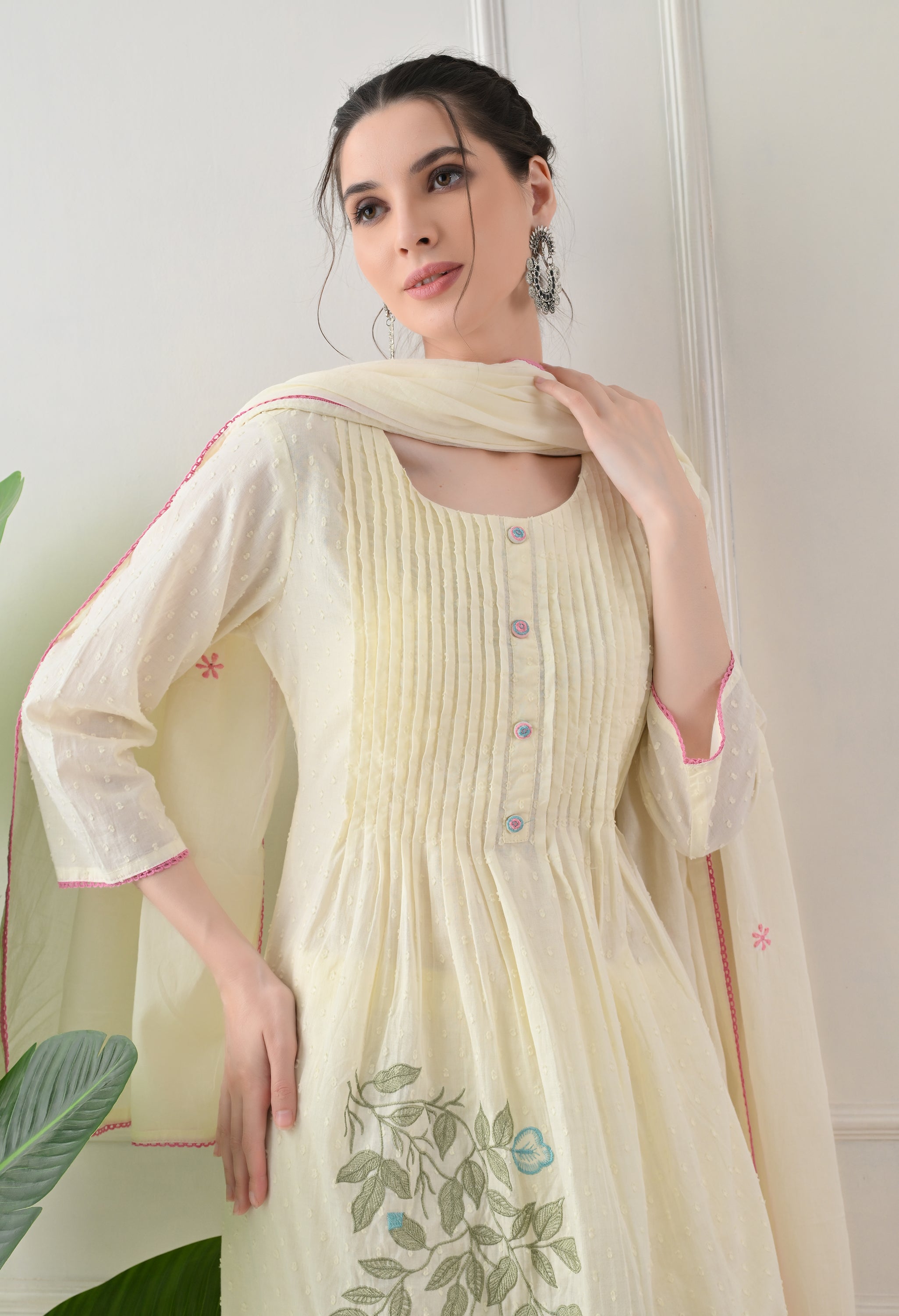 Lemon Cream Embroidered Dobby Cotton A-Line Suit - Set of 3
