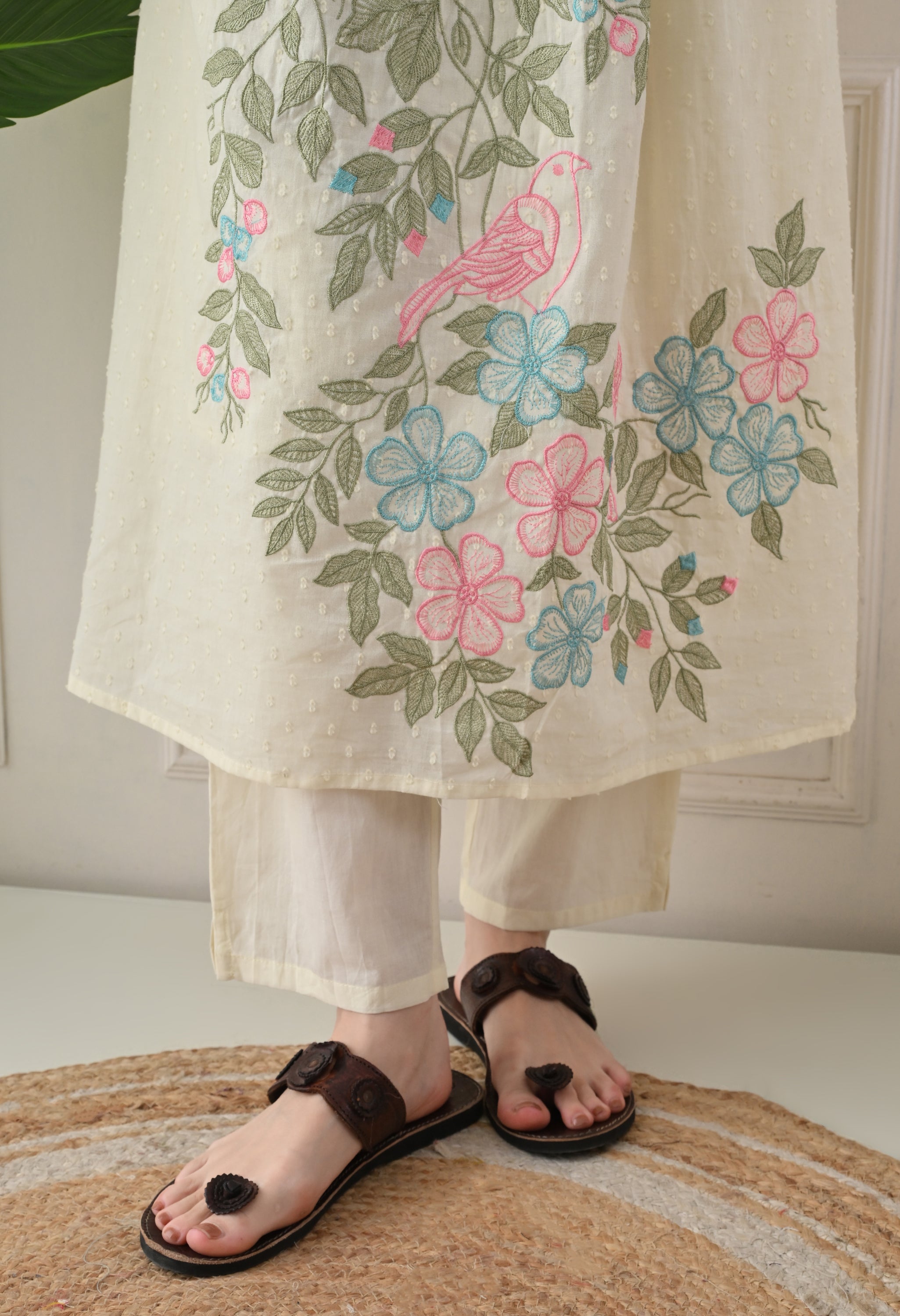 Lemon Cream Embroidered Dobby Cotton A-Line Suit - Set of 3
